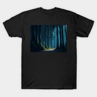 Dark forest road with trees and fog T-Shirt